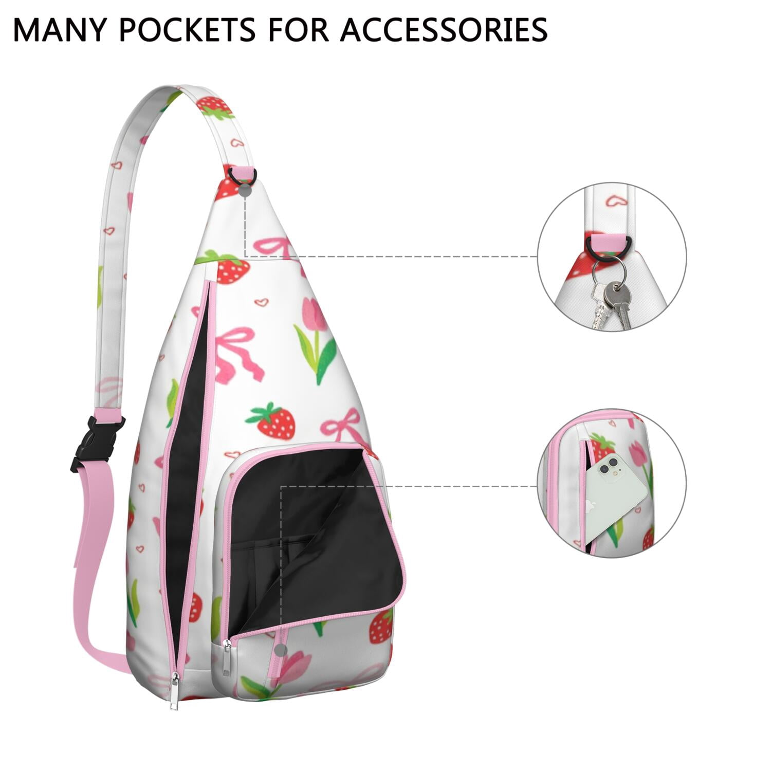 Stylish Chest Sling Bag Strawberry Bow Crossbody Shoulder Backpack Adjustable Lightweight Travel Hiking Casual Daypack for Women Men