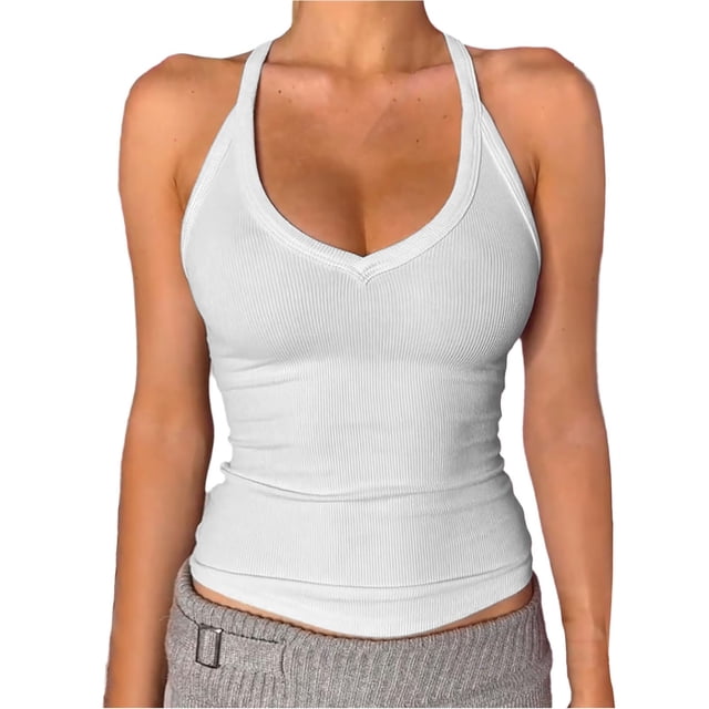 DondPO Womens Tank Tops,Lady V Neck Racer Back Tank Top For Women Padded Ribbed Long Tank Fitted Basic Tops,Halter Tops for Women,Womens Loose Tank Tops Clearance! White L Clearance!