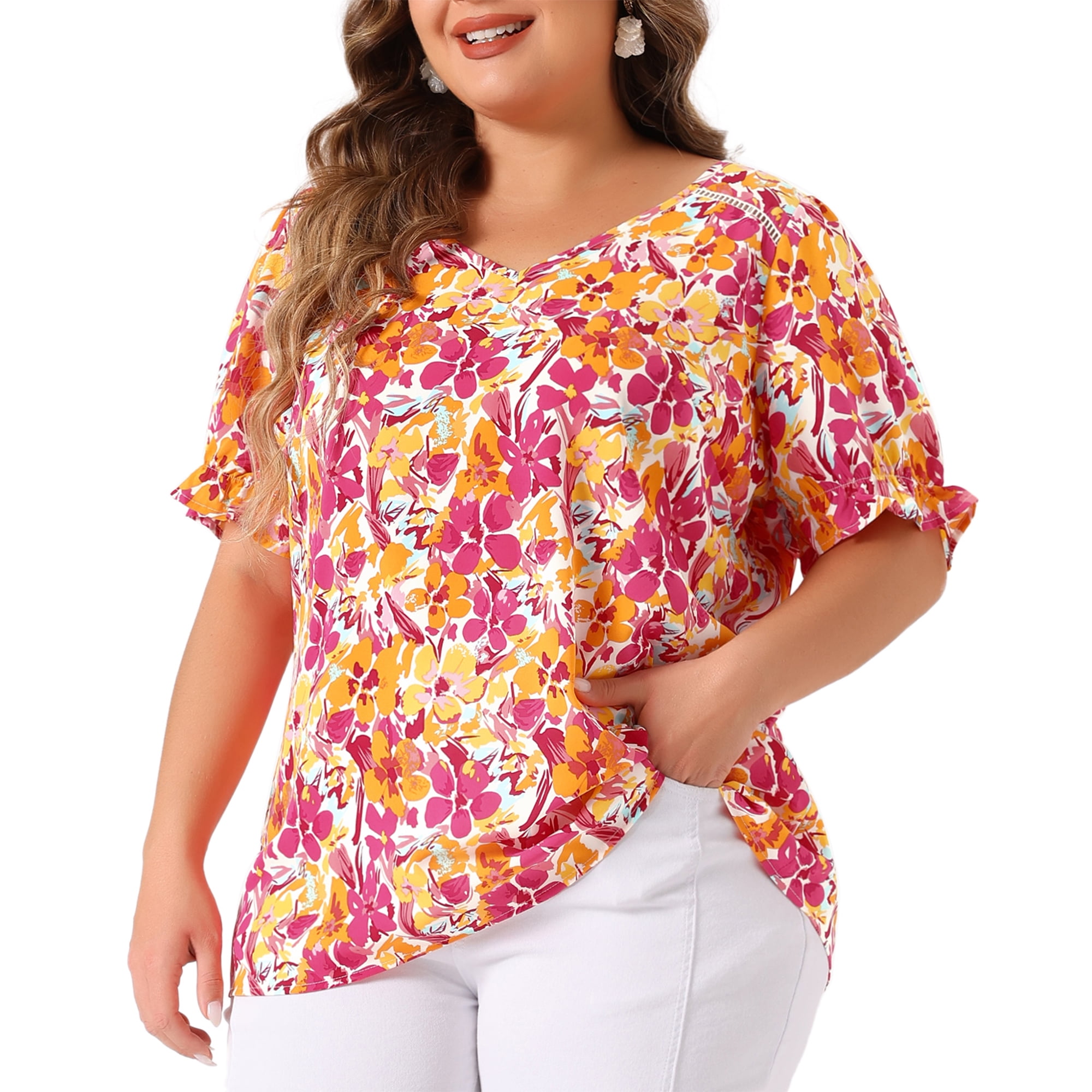 Unique Bargains Women's Plus Size V Neck Short Sleeve Blouses Chic Tops 1X Pink