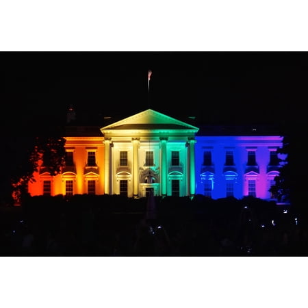 24x36 gallery poster, White House illuminated in gay pride rainbow colors night of same sex marriage ruling, June 26, 2015