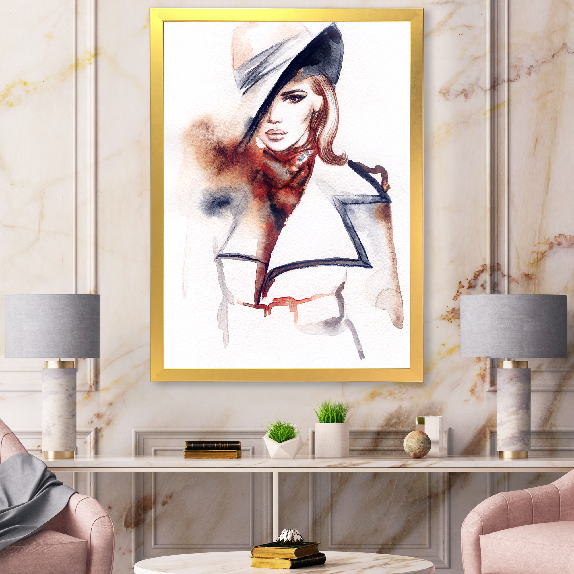 Fashion Portrait of Woman Wearing Hat 20 in x 20 in Framed Painting Canvas Art Print, by Designart