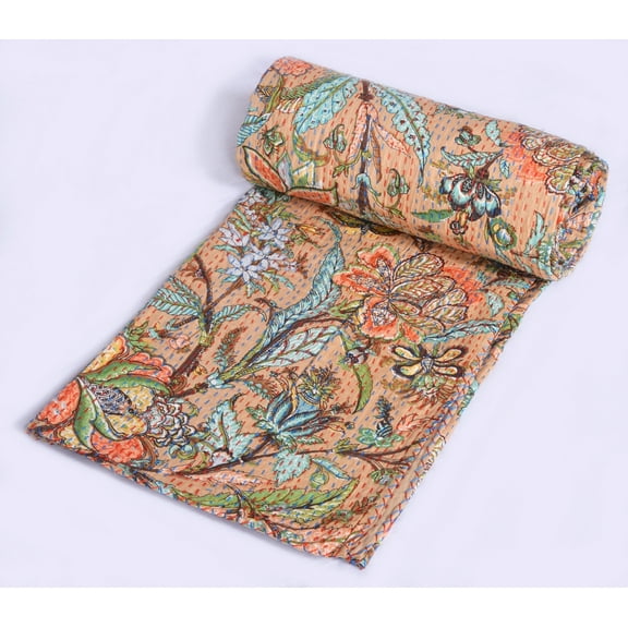Indian Hand Block Kantha Quilt Twin Kantha Throw Singe Size Bedspread Cotton Kantha Bed Cover Handmade Quilt Floral Print