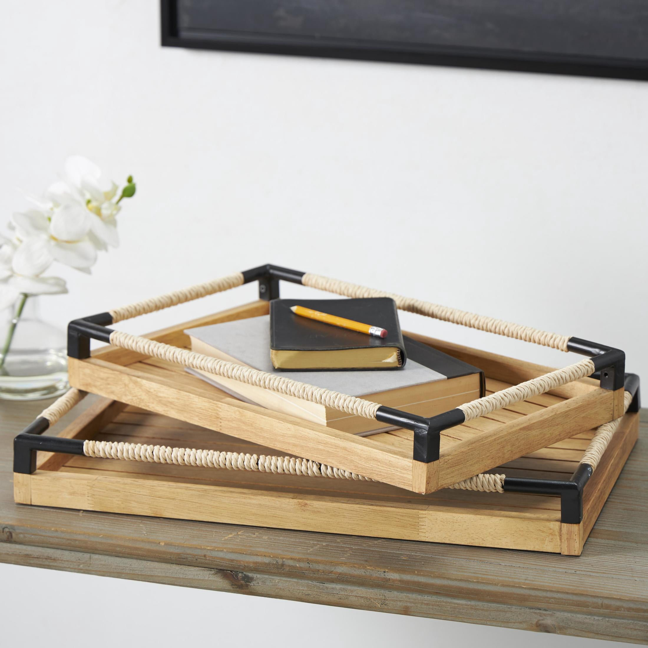 DecMode 19", 16"W Brown Wood Slatted Tray with Elevated Woven Sides and Black Metal Corners, 2-Pieces