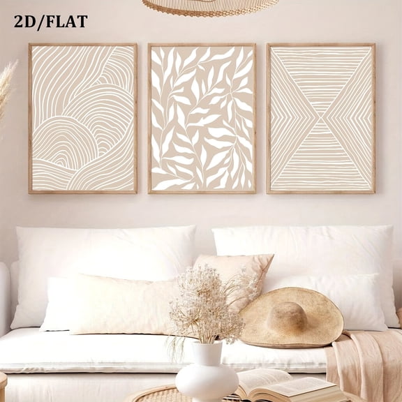 2D Flat, 3pcs/set Of Neutral Beige Abstract Plant Geometric Pattern Lines Wall Art Deco Painting, 2d/flat Frameless Canvas Poster, Boho Style Abstract Art Poster, Creative Ideal Home Gift, Suitable