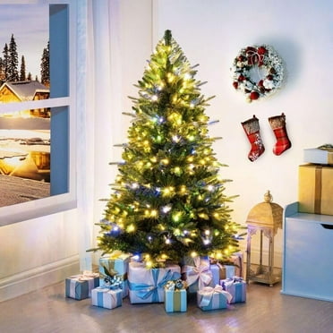 4.5ft Christmas Tree with Multi-Color Lights,Realistic Fir Christmas Tree with Colored Lights with Controller, 810 Branch Tips, 300 Colorful Lights & Metal Stand, Pre Lit Christmas Tree