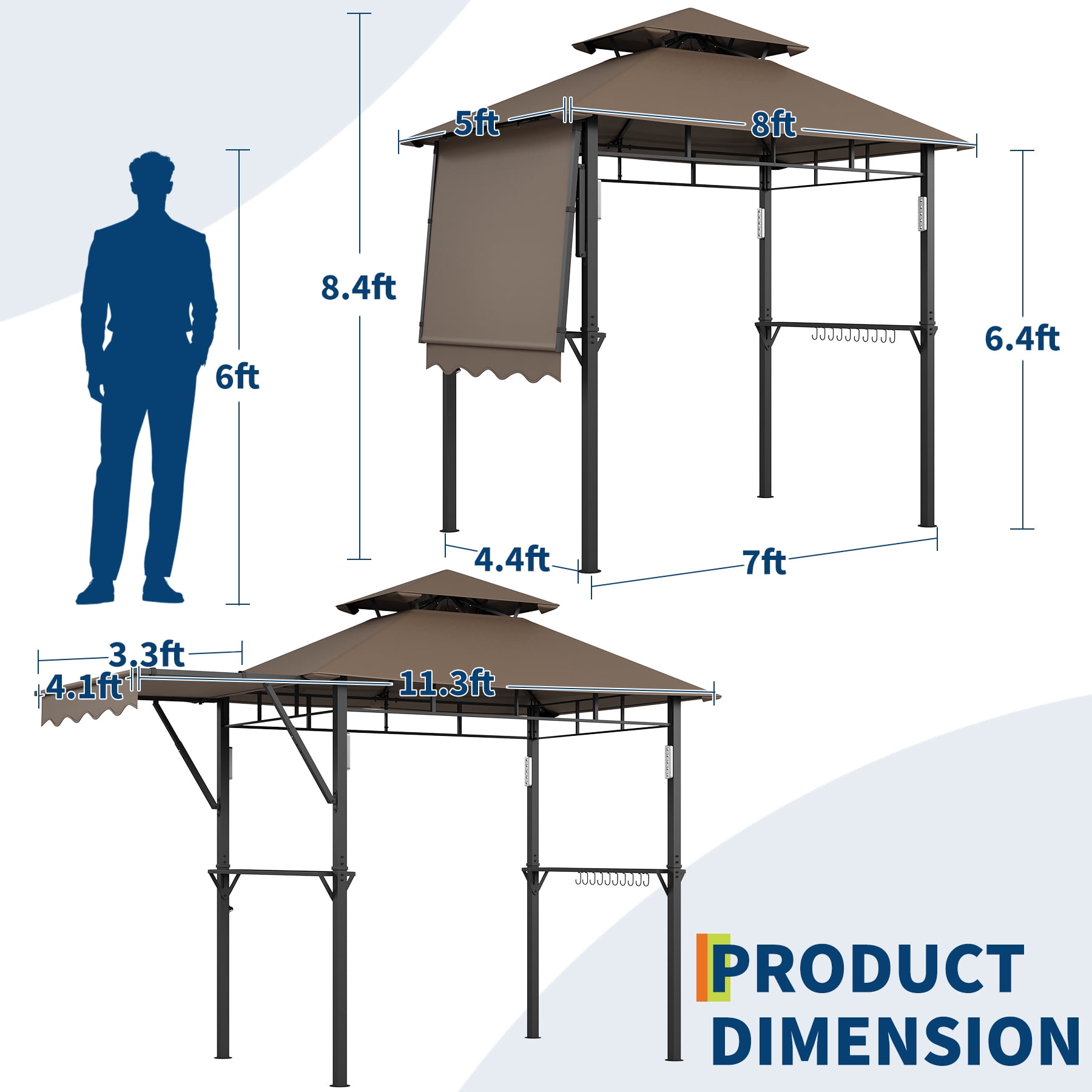 8x5 ft Grill Gazebo with Double-Tiered Roof, Heavy Duty Steel Frame BBQ Canopy with Side Shelves, LED Lights, Hooks & Bottle Opener for Backyard