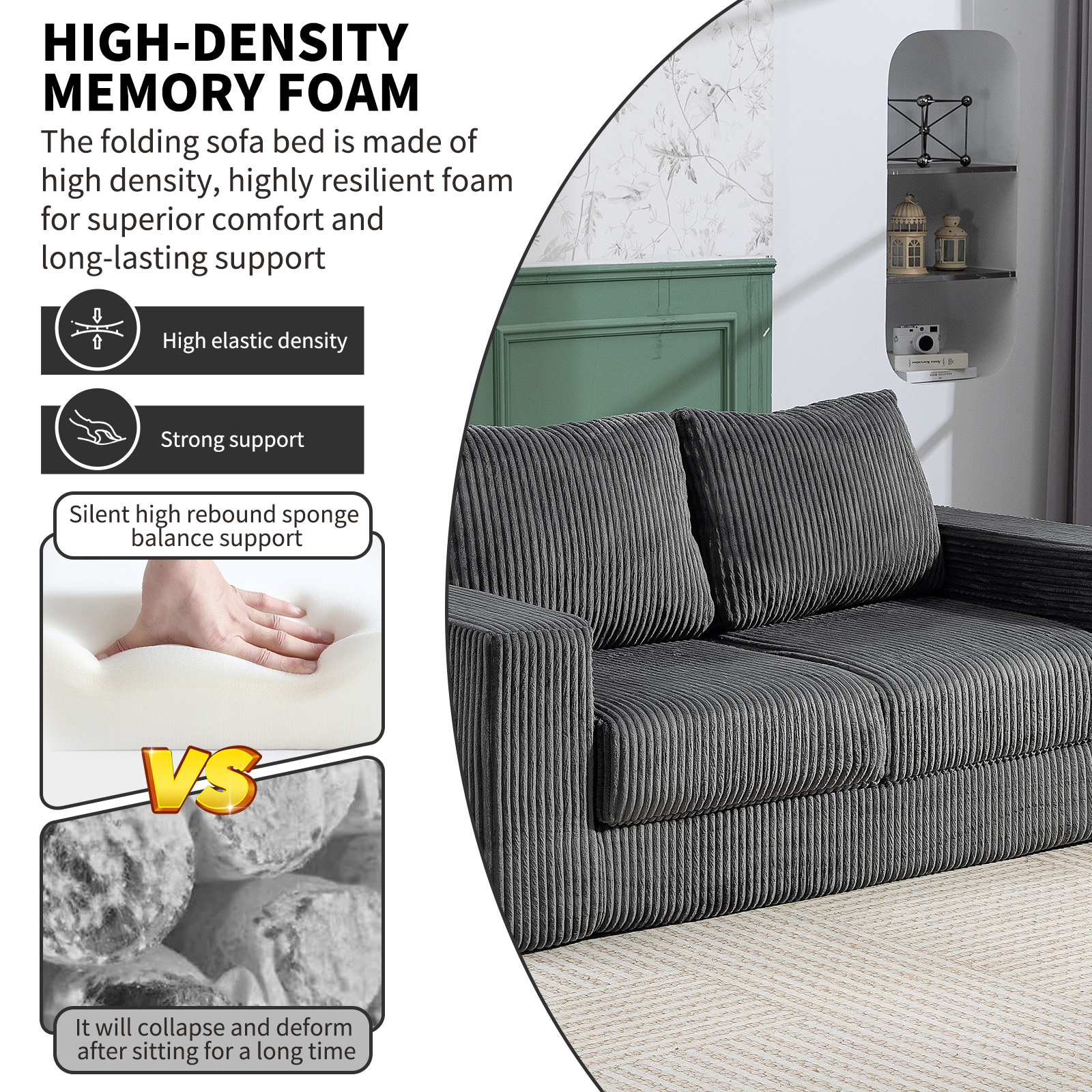 69 Inches Convertible Sofa Bed Boneless 2 Seats Loveseat Sleeper Sofa 2 Seater Small Couch 3-in-1 Folding Sofa Floor Sofa with Deep Seat No Assemble Required Grey