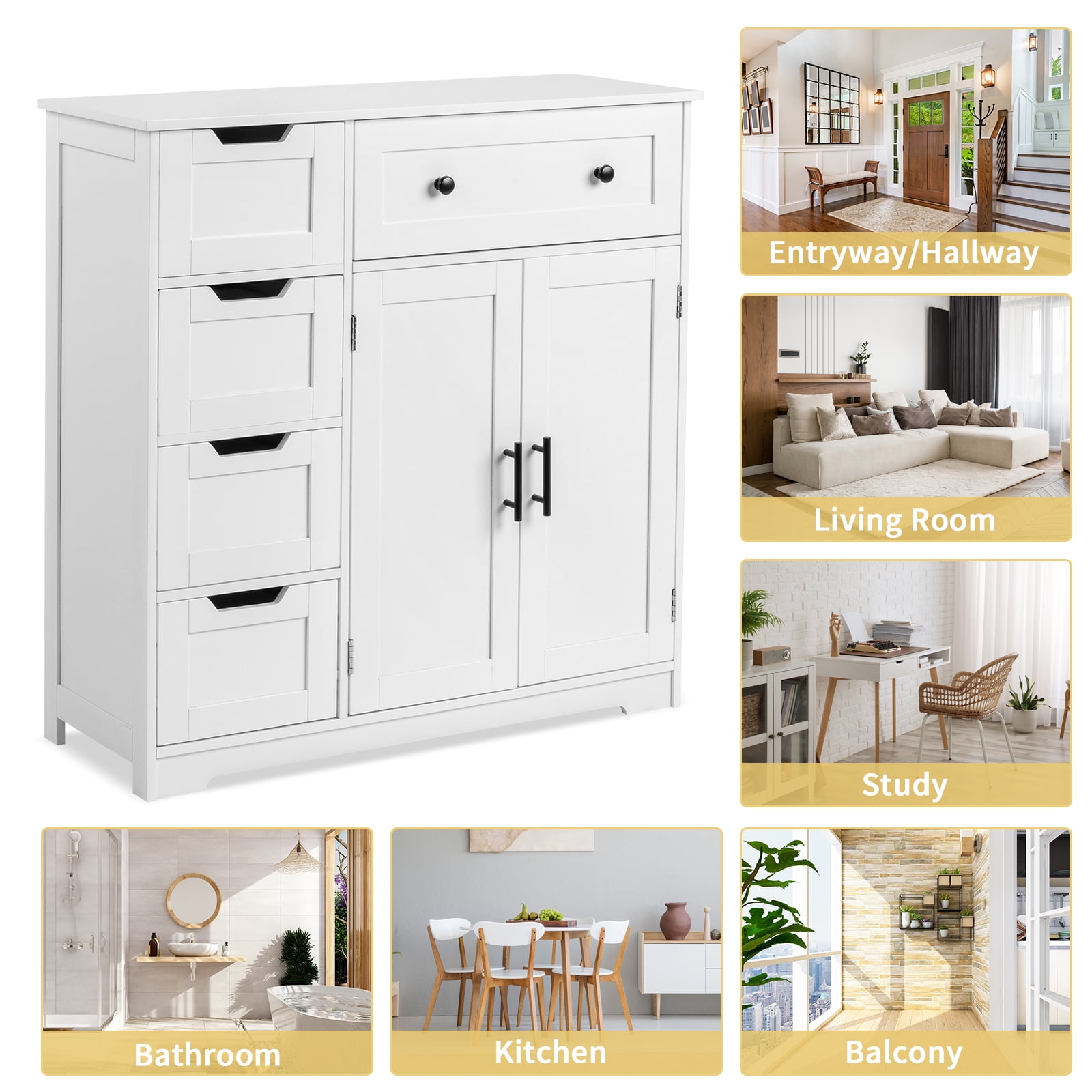 Ktaxon Wooden Bathroom Floor Cabinet with 5 Drawers & 1 Cupboard, for Living Room Entryway, White