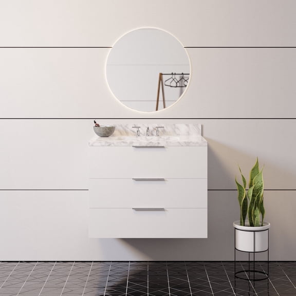 Oslo 30" Floating Wall Mounted Bathroom Vanity with White Cabinet and Carrara Marble Top