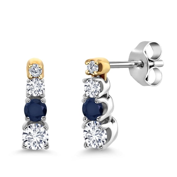 Gem Stone King 0.40 Ct E-F Lab Grown Diamond Blue Sapphire and Created Moissanite 925 Silver and 10K Yellow Gold Earrings
