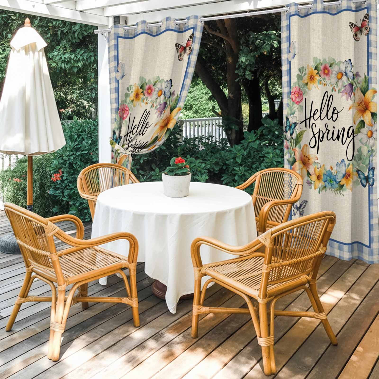Outdoor Curtains for Patio Waterproof, Hello Spring Windproof Pravicy Outside Porch Blackout Curtain, Farmhouse Floral Eucalyptus Wood Plaid Burlap Sun Blocking Grommets Curtains for Cabana 54"x108"