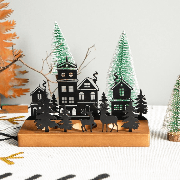 Christmas Tea Light Candle Holder with 3 Slots, Advent Season Iron House Village Silhouette Candlestick, Wooden Base Xmas Scene Tabletop Decor with Tree & Deer Cutouts
