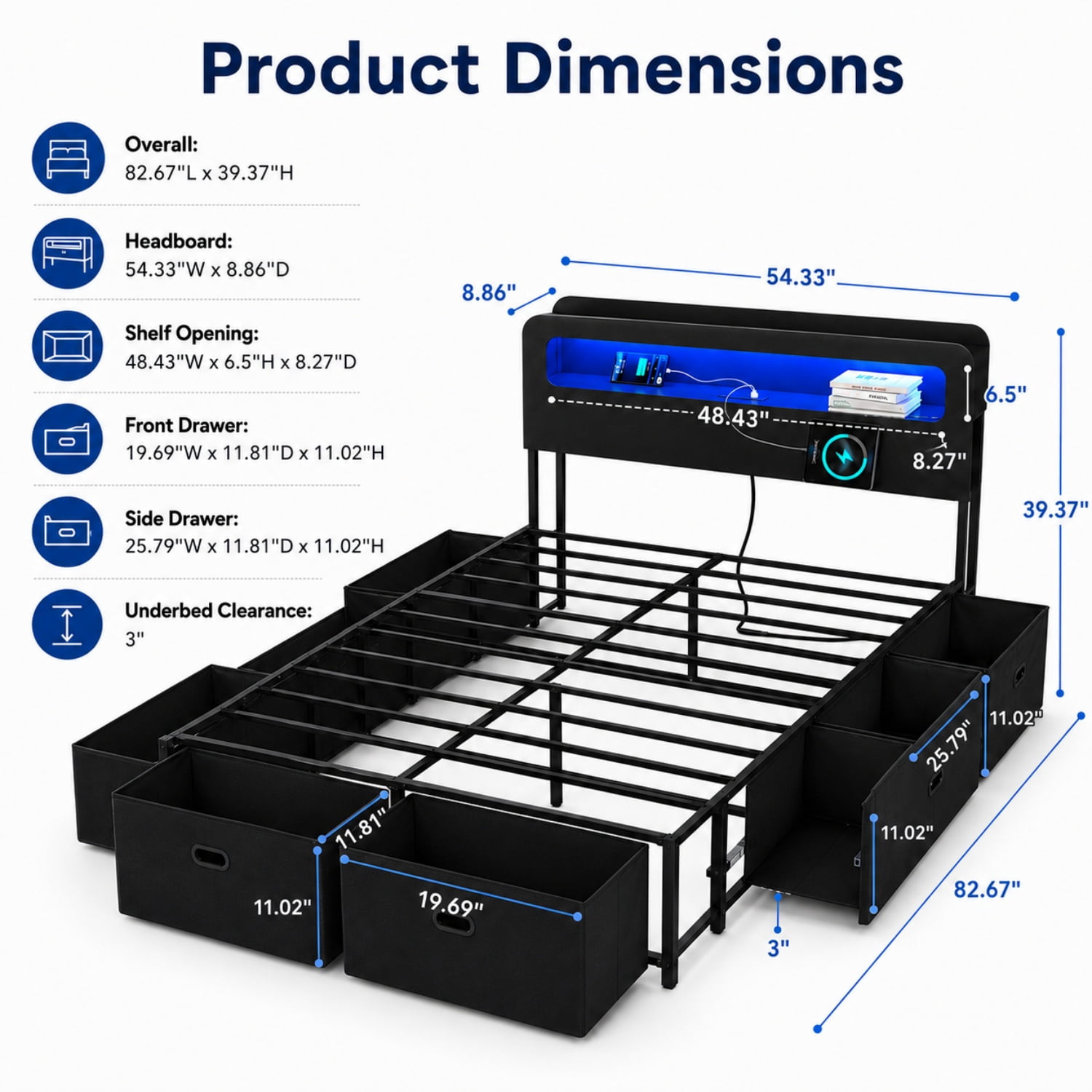 Miniyam Full Platform Bed Frame with 8 Storage Drawers, LED Lights, Bookshelf Headboard and Charging Station, Black