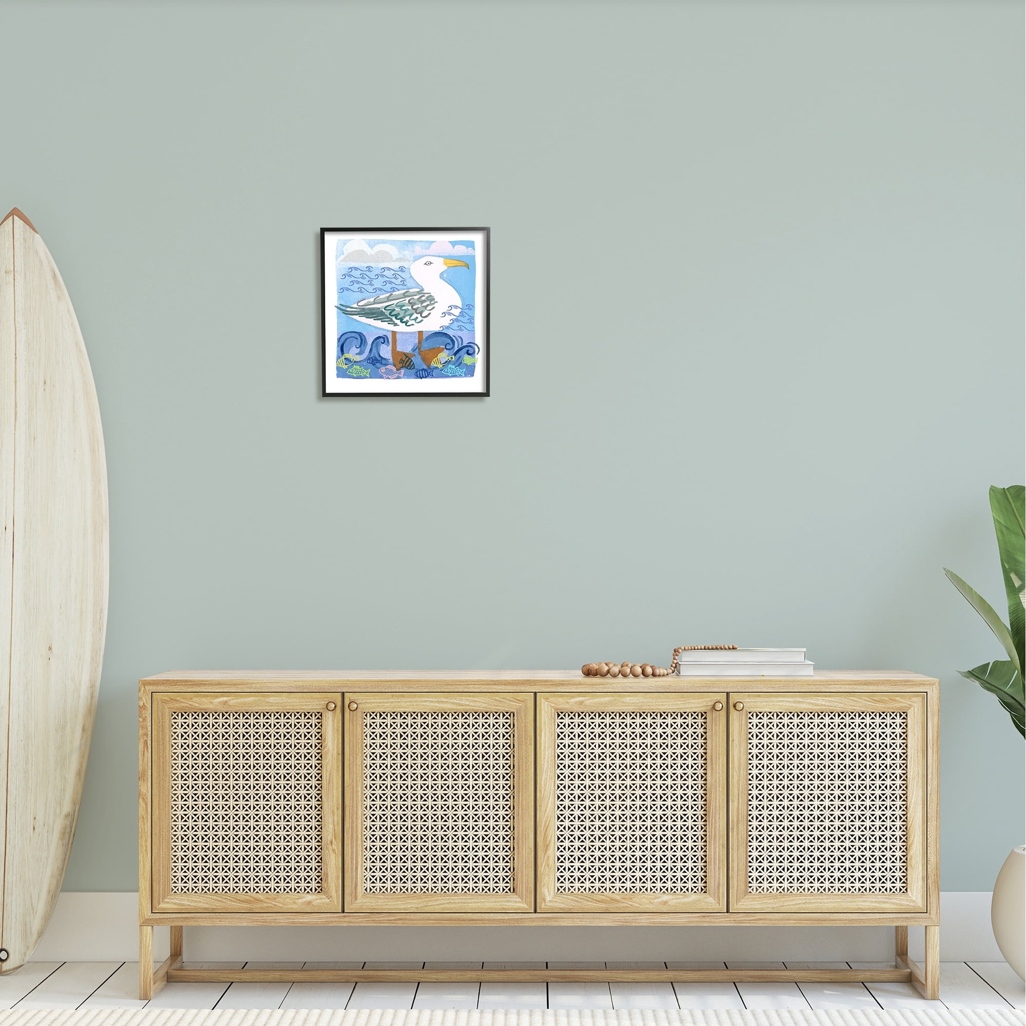 Stupell Industries Whimsical Seagull Bird Layered Ocean Waves Painting Graphic Art Black Framed Art Print Wall Art, Design by unknown