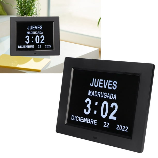 Reloj Día con Alarma Calendario Digital 8 Pulgadas Atenuación Automática Varios Idiomas Reloj de Alarma con Calendario Electrónico con Recordatorios de Medicamentos