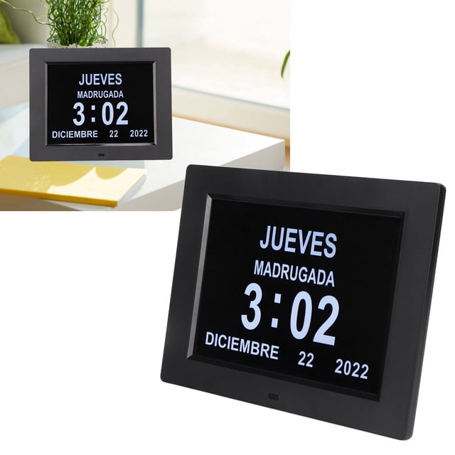 RELOJ DIGITAL CON CALENDALIO DE DIA, Atenuación Automática, Recordatorio De Medicamentos, Alarma, Reloj De Día, Negro, 8 Pulgadas