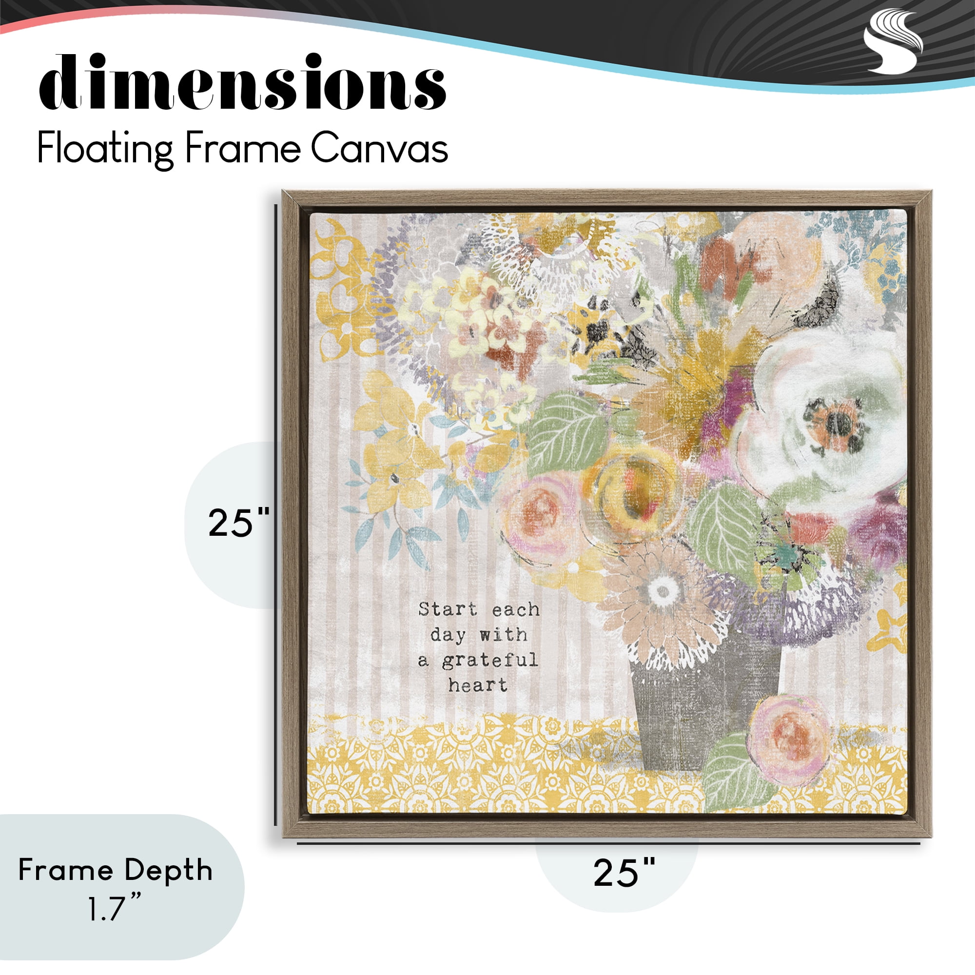 Stupell Industries Floral Inspirations Grateful Heart Brown Framed Floater Canvas Wall Art, design by Suzanne Nicoll