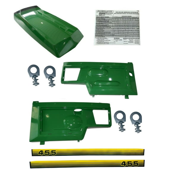 New Hood, Side Panels, amp, Decals and Panel Retaining Clip Kit AM128986 AM128983 AM128982 Fits John Deere 455 LOW SN