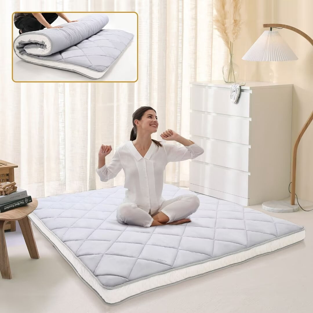 Docred Japanese Floor Mattress Futon Mattress, 4" Memory Foam Foldable Futon Mattress, Portable Roll Up Sleeping Mat for Camping,Floor Lounger Bed Couches and Sofas, Full Size Grey(80*54*4in)