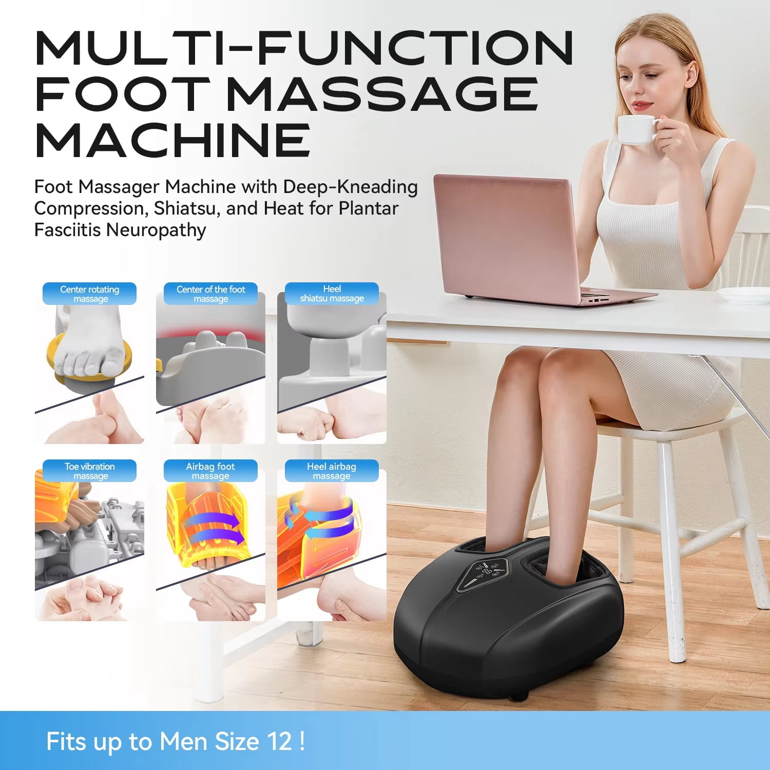 Electric Foot Massager Machine, Shiatsu Kneading Vibration Roller, 10 Speed with Remote & Display, Timer, gray