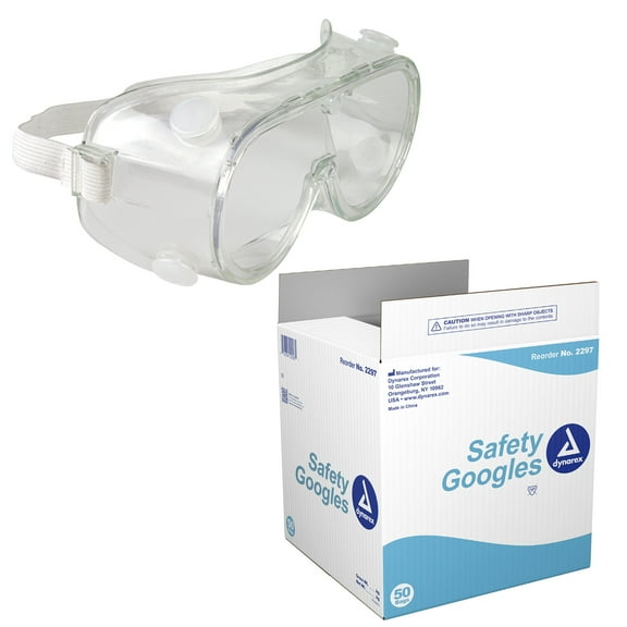 Dynarex Safety Goggles - Protective Eyewear - Shields Eyes From Dust, Chemical Splash, Debris - Clear Anti-Fog Lenses, Adjustable Elastic Strap - Pack of 50