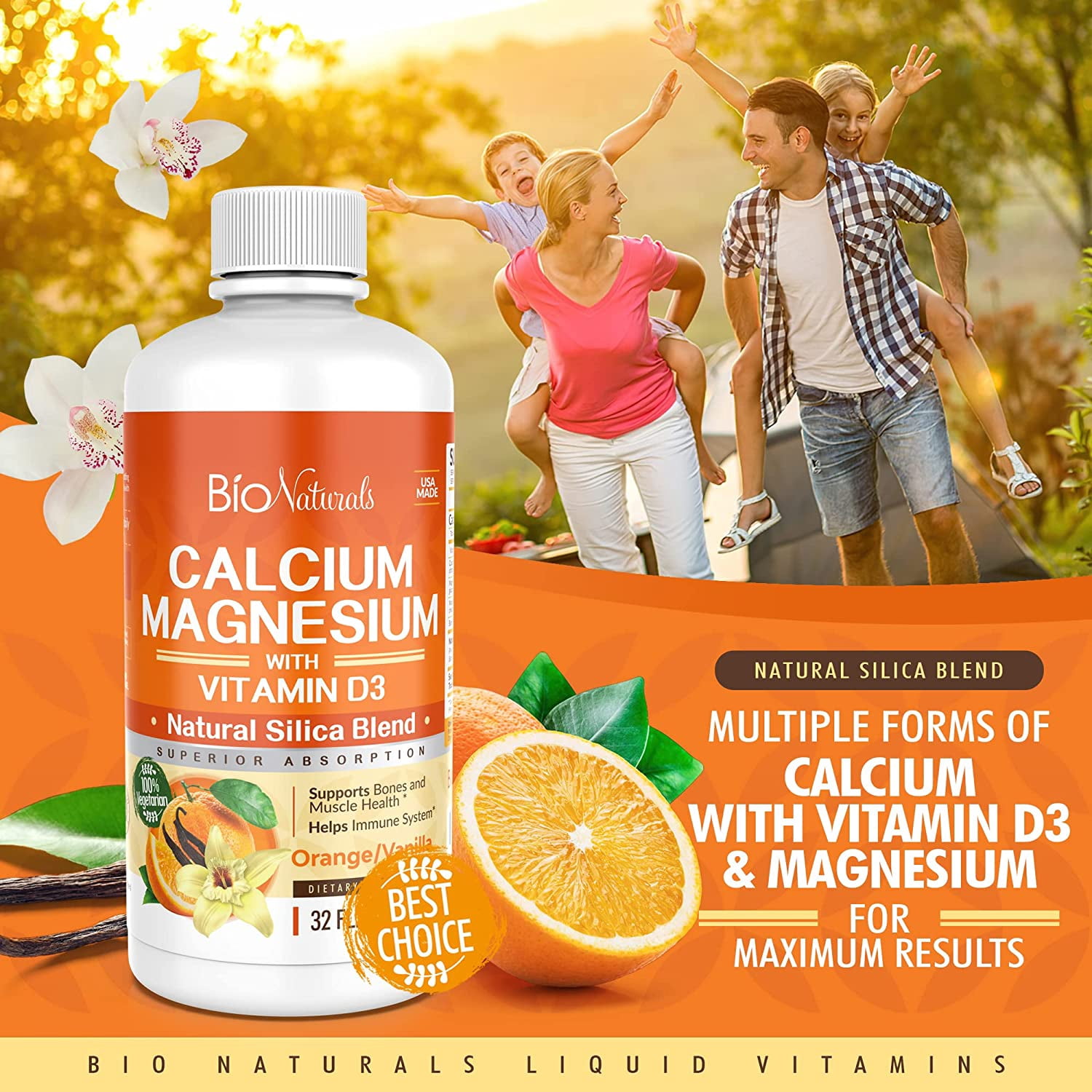 Bio Naturals Calcium & Magnesium Liquid Supplement with Vitamin D3 - Natural Formula, FOUR Types of Calcium Supports Strong Bones with Superior Absorption to Pills - 100% Vegetarian - 3
