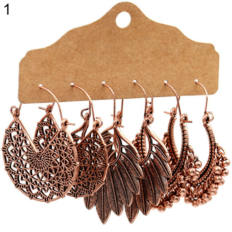 Huanledash 3Pairs Boho Gypsy Women Feather Round Hollow Dangle Hook  Earrings Party Jewelry 