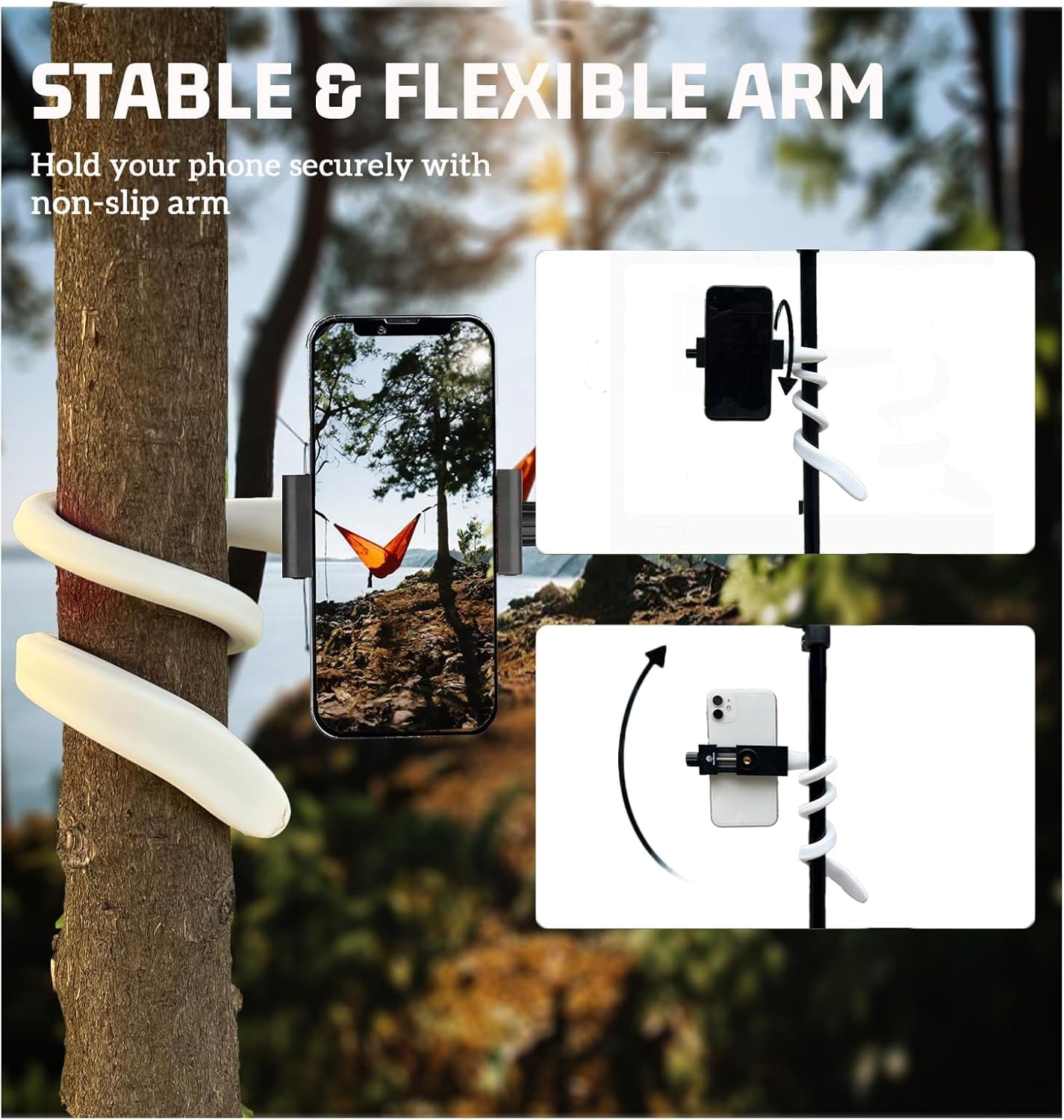 TRAHOO-Portable Phone Holder Stand for Bed, Stroller, Desk, Car with Gooseneck Flexible Arm - Stable, Secure & Adjustable Fit on Treadmill, Wheelchair for GoPro&Cell Phones Used at Home, Work, Travel