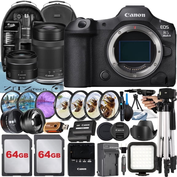 Canon EOS R5 Mark II Mirrorless Camera with RF 24-50mm, RF-S 55-210mm Lens, SanDisk 128GB Memory Card, Backpack and ZeeTech Bundle (International Version)