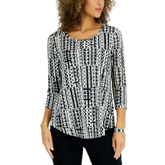 Petite Basket Texture Three-Quarter Length Sleeve Top  Deep Black Combo PL