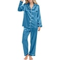 thumbnail image 2 of Womens Pajama Sets Silk Satin Button Solid Color Print Long Sleeve Top And Pant Pj Set Soft Sleepwear 2 Piece Outfits Loungewear Sets Sky Blue XXL, 2 of 7