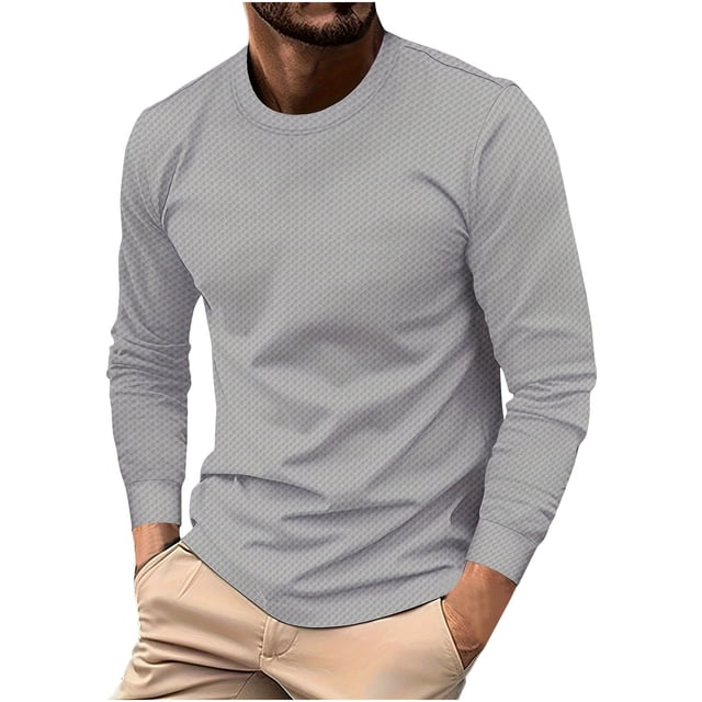 FAIWAD Mens Long Sleeve Tops Round Neck Basic Pullover Tops Classic Solid Color Lightweight Blouse Tops
