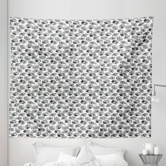 Sushi Tapestry, Exotic Gourmet Food Theme with Various Type of Sushi Rolls in Engraving Style, Fabric Wall Hanging Decor for Bedroom Living Room Dorm, 5 Sizes, Black and White, by Ambesonne