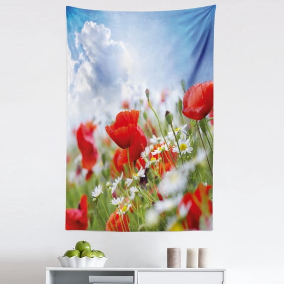 Country Tapestry, Idyllic Spring Meadow Poppy and Daisy Flowers Sunny Air Clouds Garden Design, Fabric Wall Hanging Decor for Bedroom Living Room Dorm, 5 Sizes, Multicolor, by Ambesonne