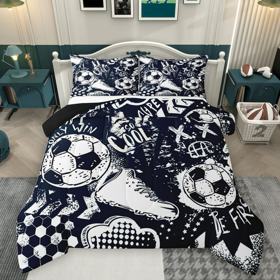 Homewish Cartoon Soccer Graffiti Bedding Comforter Set, Black White Honeycomb Abstract Twin Comforter Sets, Sports Lover Reversible Bedding Set, Super Cozy Room Decor, 2 Pieces