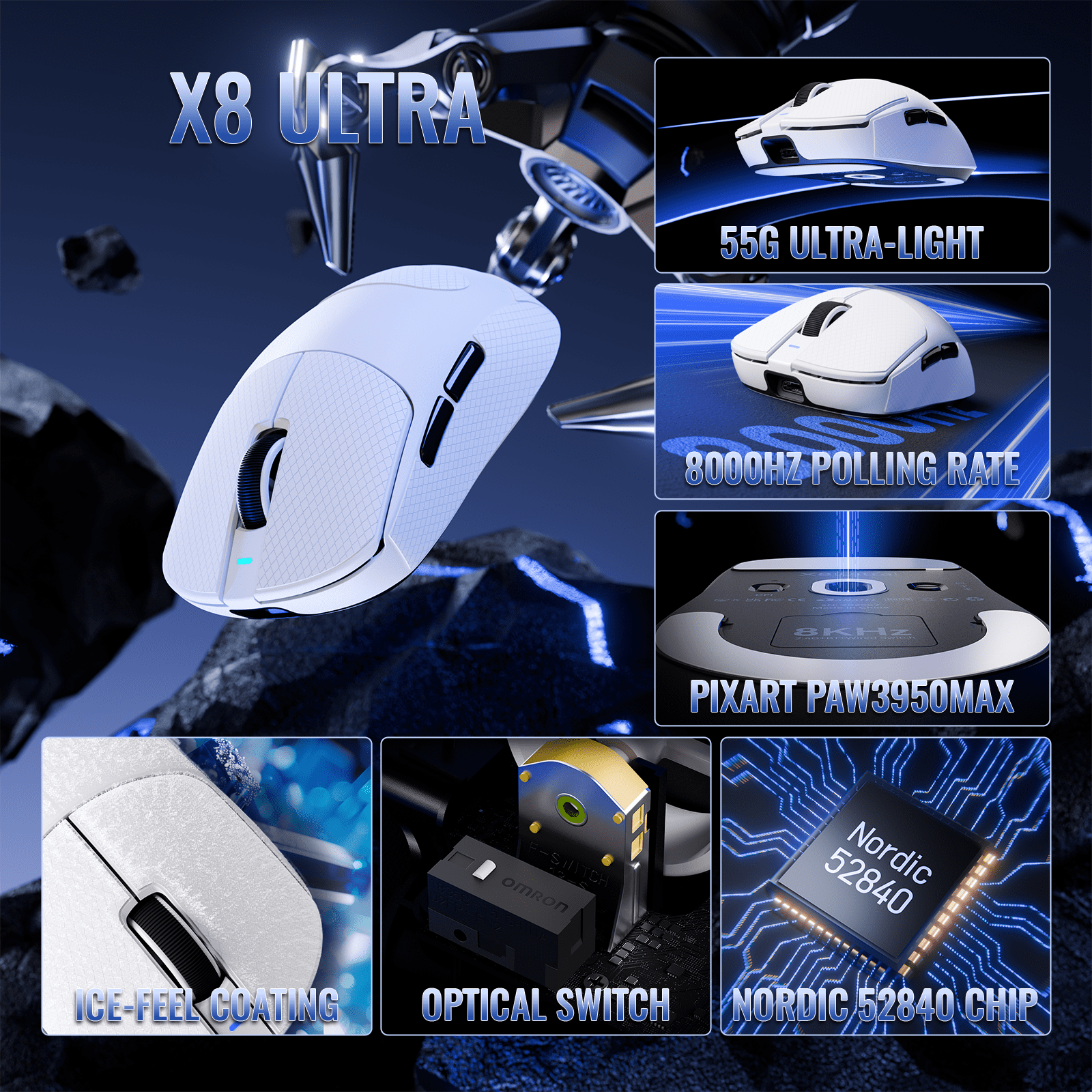 ATTACK SHARK X8ULTRA Mouse for Large Hand, Nordic52840 MCU, 55g SUPERLIGHT, PixArt PAW3950MAX Gaming Sensor, DPI up to 42000, Ice-Cool Nano Coating, with Grip Tape, Tri-mode, 500mAh Battery (White)
