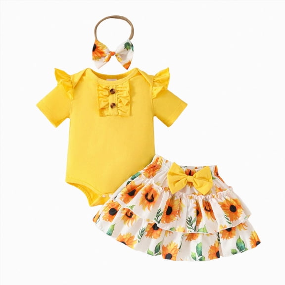 Baby Onesies Girl Baby Girl Clothes Newborn Cute Ruffle Short Sleeve Romper Floral Skirt Summer Outfits with Headband