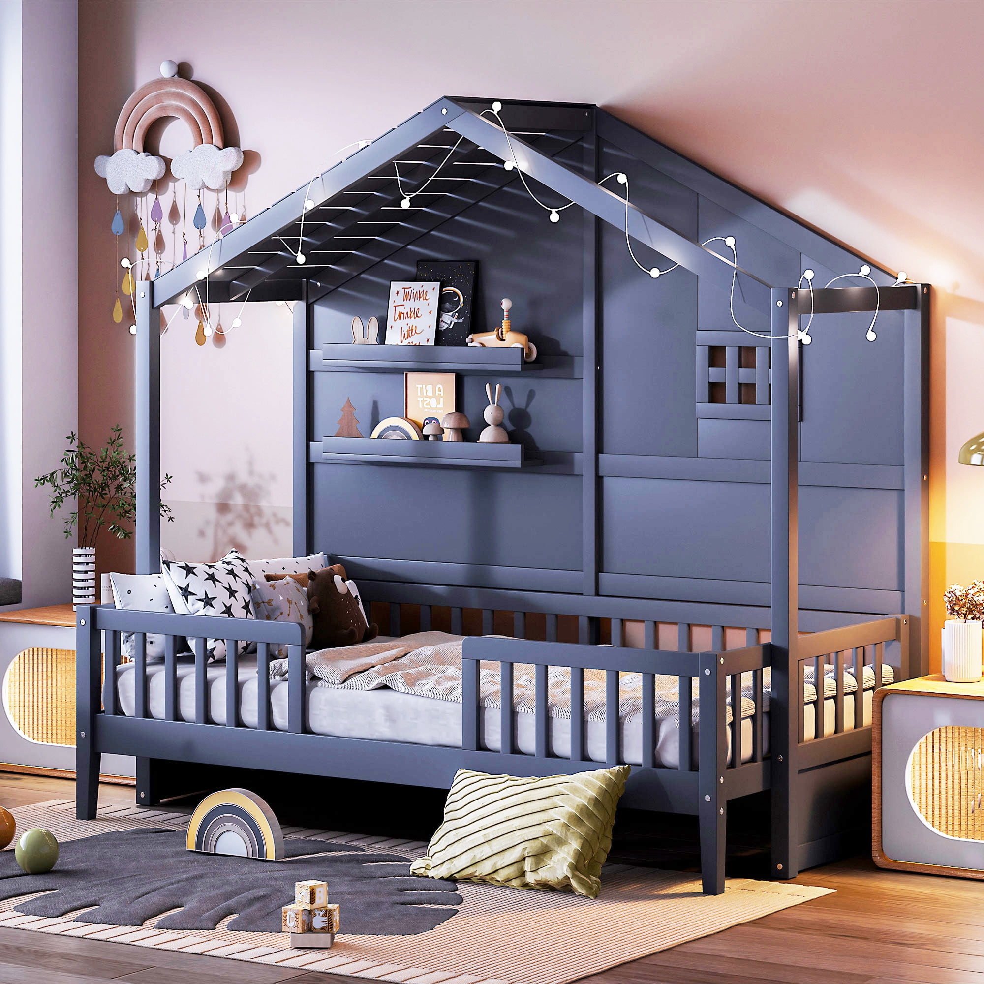 Mintazer Twin House Bed with LED String Lights & Storage Shelves, Toddler Montessori Bed Frame with Guardrails for Kids, Gray