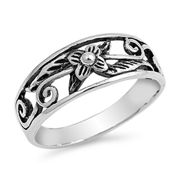Antiqued Floral Flower Leaf Spiral Ring .925 Sterling Silver Band Jewelry Female Male Unisex Size 7