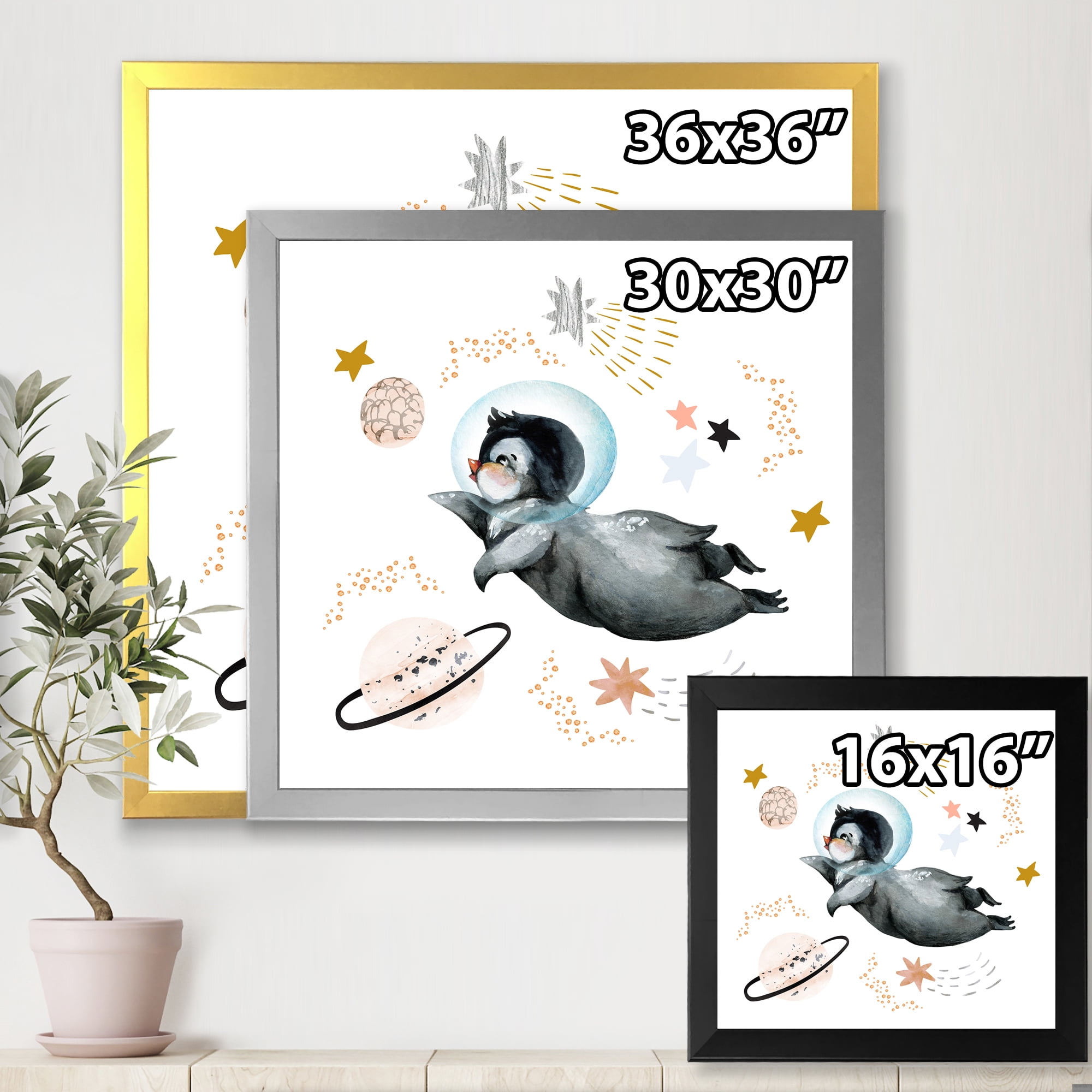 Designart 'Little Penguin Flying Planets and Stars II' Farmhouse Framed Art Print