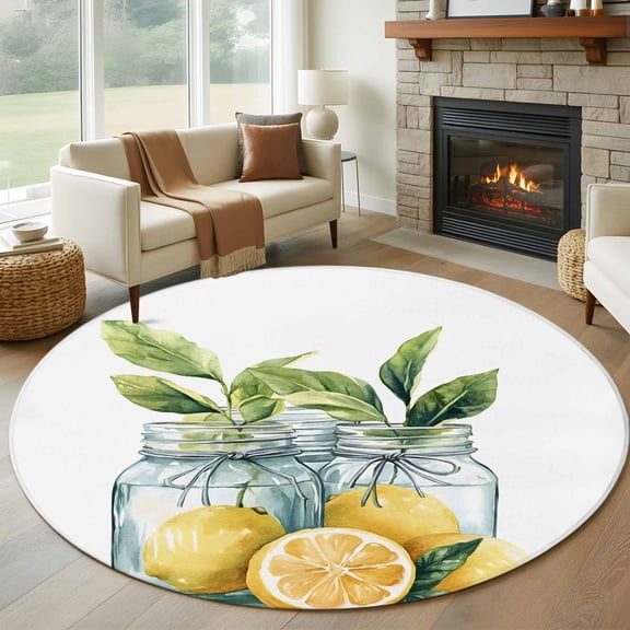 Lemon Round Rug 5ft Washable Circle Kitchen Rugs Non Slip Summer Watercolor Fruit Green Leaf in Vase Large Area Rug Indoor Floor Carpet for Bedroom Living Room Home Office Dining Room Nursery