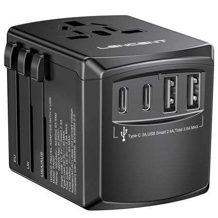 LENCENT Universal Travel Adapter,International Plug Power adapter wordwide Outlet adapter Charger with 2 USB C 2 USB A Ports Type A/C/G/ I (USA, UK, EU AUS)