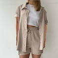 thumbnail image 2 of Htigea Women's Summer Two Piece Sets Short Sleeve Button Down Shirts Drawstring Shorts Linen Outfits Casual Beach Wear Khaki S, 2 of 5