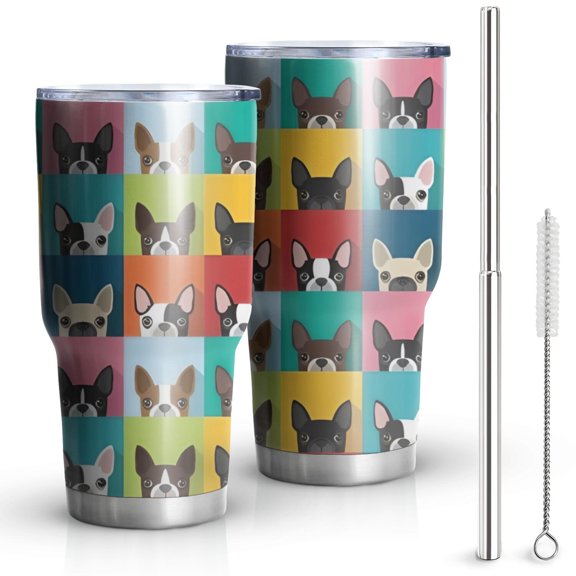 30oz Boston Terrier Tumblers Stainless Steel Tumbler with Lid and Straw,Vacuum Insulated Double Wall Travel Tumbler Cups Mug with Cleaning Brush for Coffee,Tea