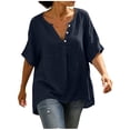 thumbnail image 2 of Diufon Linen Shirts for Women Dolman Short Sleeve Button Notch-Neck Pullover Casual Loose Crinkle Gauze Blouses, 2 of 9