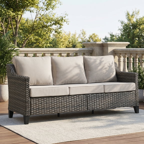 Opohoro 73.2" Outdoor Wicker 3-Seat Sofa, Weather Resistant Rattan Patio Furniture with Deep Seat for Deck Backyard Porch,Gray/Blue