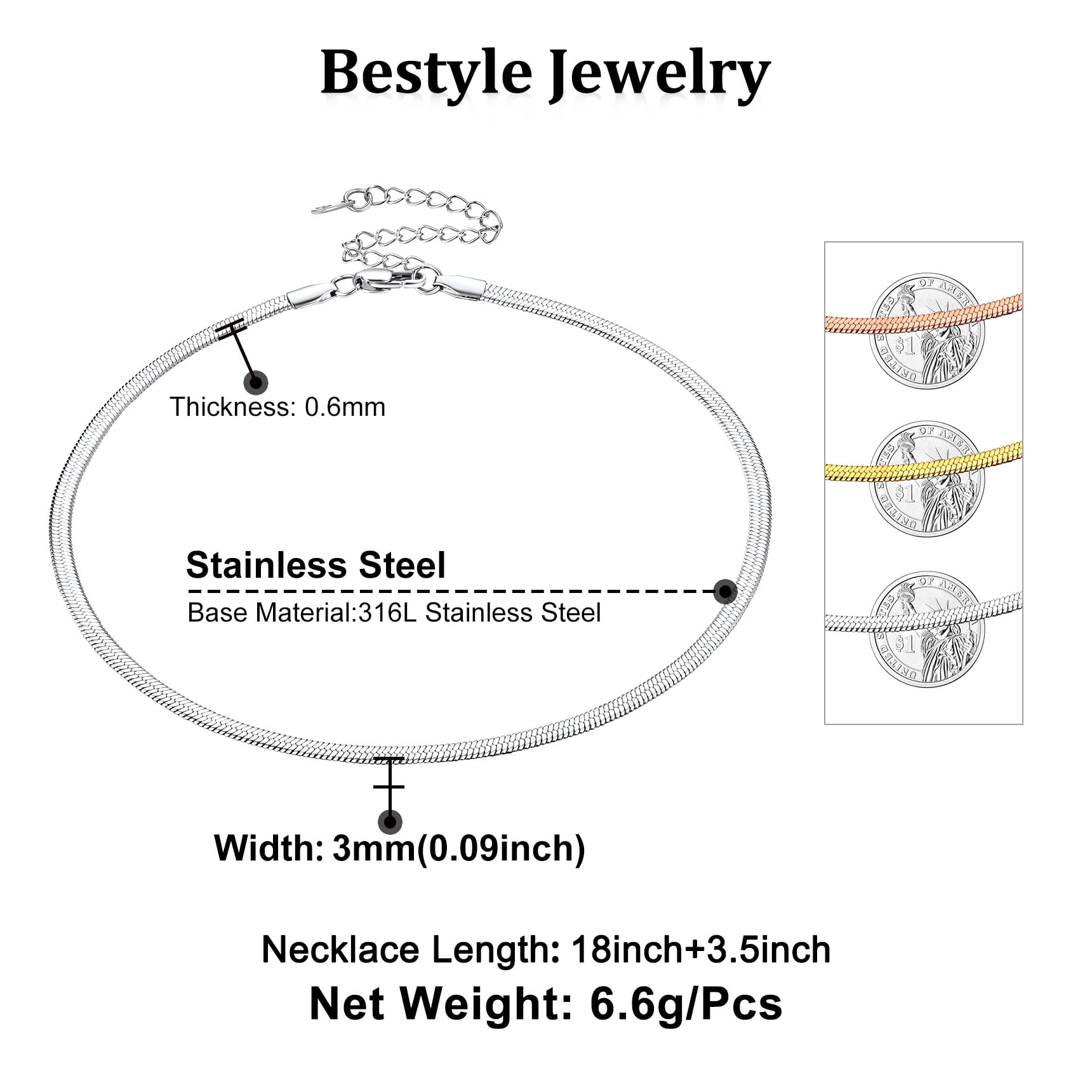 Bestyle Snake Chain Necklace for Women Dainty Herringbone Choker Stainless Steel Necklaces Everyday Wear Mother's Day Jewelry (3mm, 12.5")