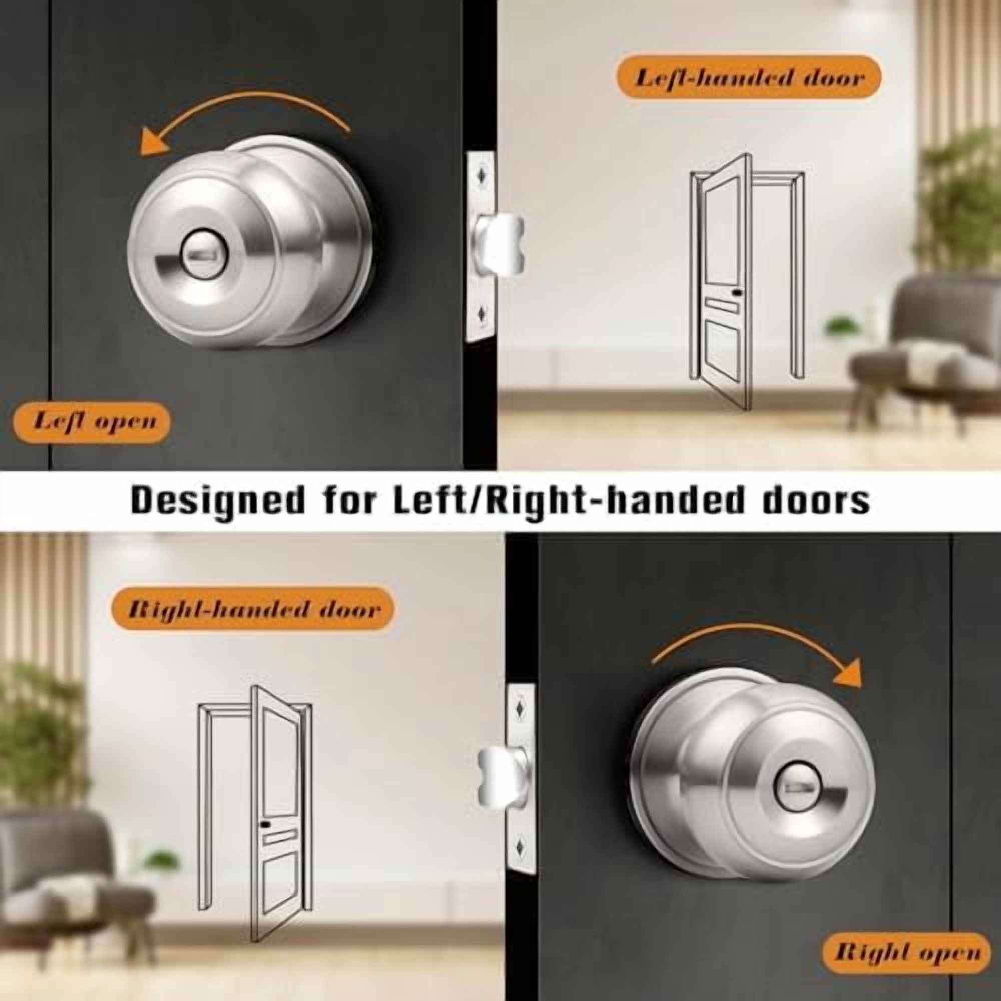 Brushed Nickel Bed/Bath Door Knobs, Satin Ball Door Knob, Interior Door Knobs for Bedroom Bathroom, Privacy Function, 10 Pack
