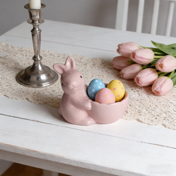 Linnome Easter Bunny Ceramic Egg Holder Tray for Tabletop Display Spring Holiday Decor Kitchen Dining Party Centerpiece