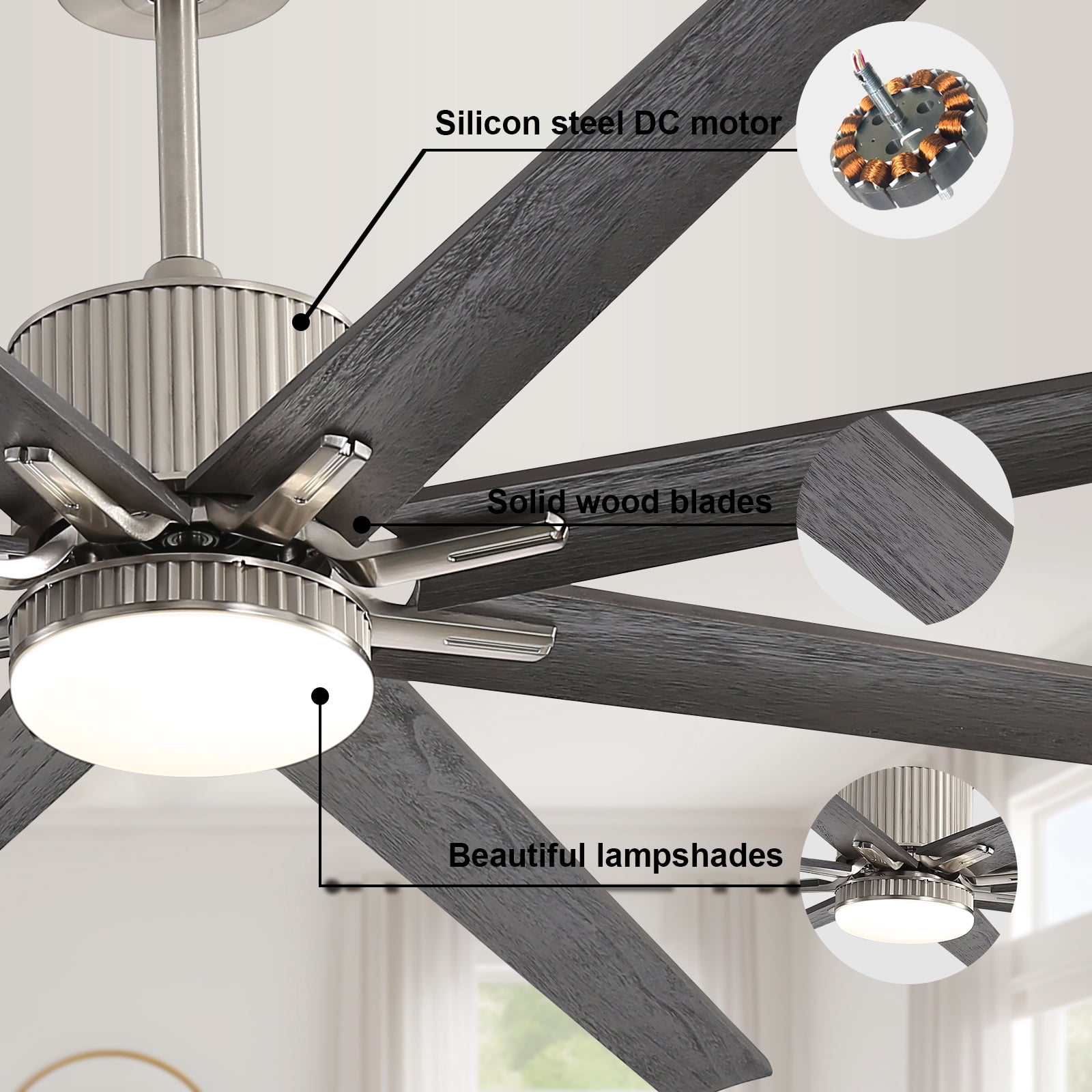 Sofucor 76 Inch Large Industrial Ceiling Fan with Light, Smart Fan with Remote & APP Control, Compatible with Alexa Google, Solid Wood 8 Blade, 3 Downrod